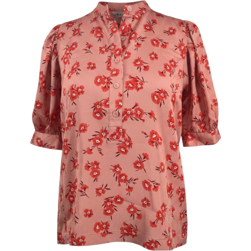 Ann Taylor Blouse Women XS Pink Floral Puff Sleeve Satin Band Collar Top